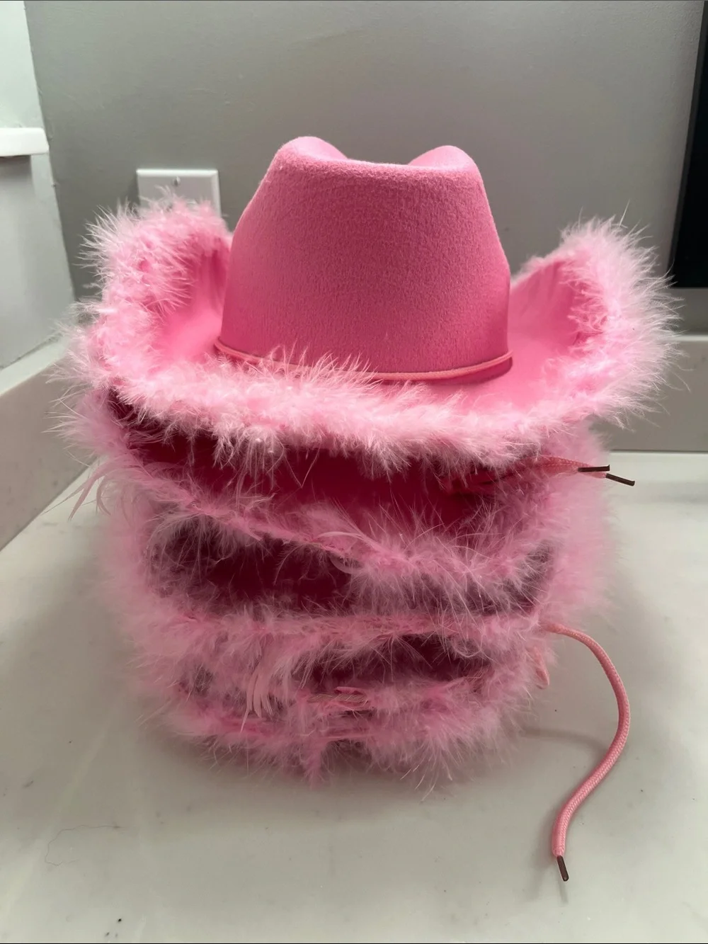 Bright Pink Feather-Trim Cowboy Hat with Chin Cord - Quantity 5